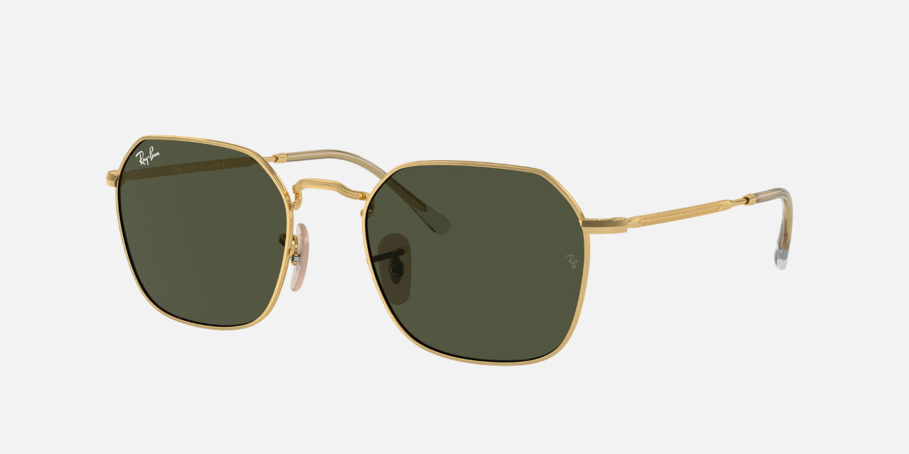 Ray-Ban Jim RB3694 001/31 hexagonal sunglasses for unisex in full rim metal, with gold frame, and green lenses. 55mm in lens size, 20mm in bridge size, and 145mm in temple length.