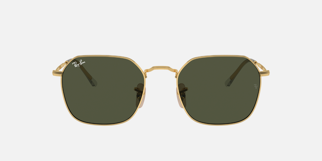 Ray-Ban Jim RB3694 001/31 hexagonal sunglasses for unisex in full rim metal, with gold frame, and green lenses. 55mm in lens size, 20mm in bridge size, and 145mm in temple length.