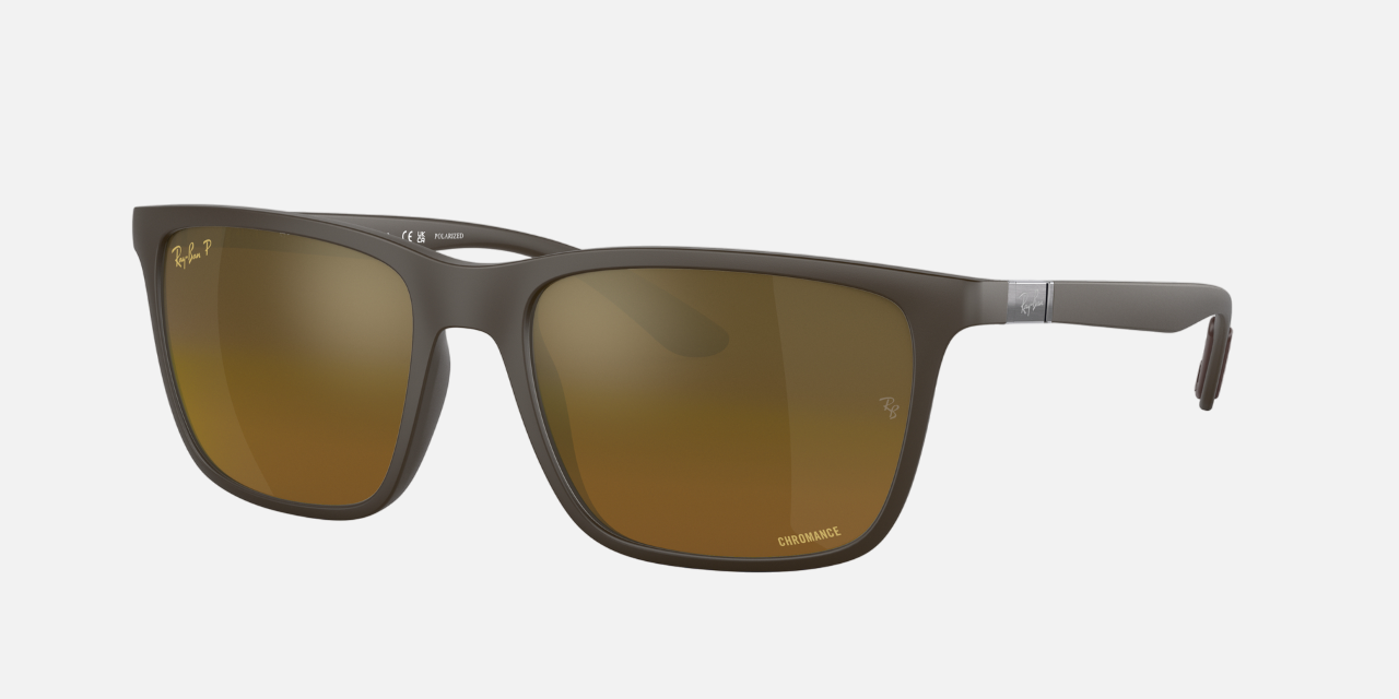 Ray-Ban RB4385 6124A3 rectangular sunglasses for men in full rim metal, with brown frame, and brown gold lenses. 58mm in lens size, 18mm in bridge size, and 145mm in temple length.