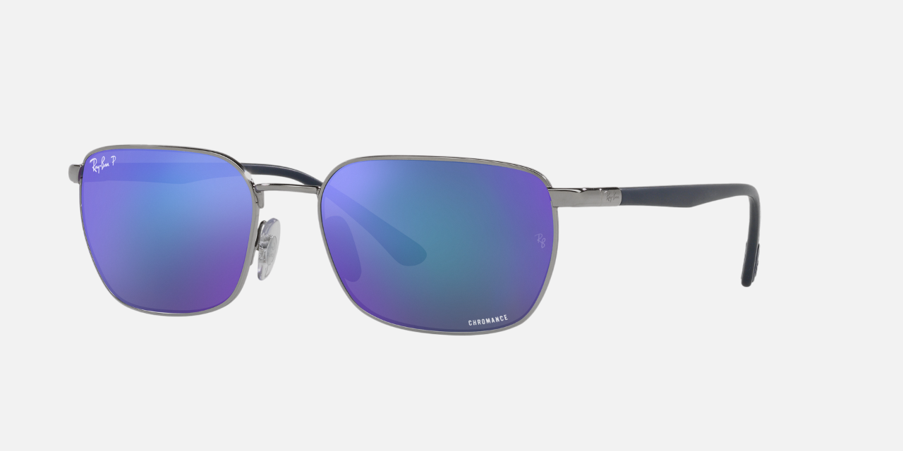 Ray-Ban RB3684CH Chromance 004/4L irregular sunglasses for unisex in full rim steel, with polished gunmetal
  frame, and grey/blue chromance
  lenses. 58mm in lens size, 18mm in bridge size, and 140mm in temple length.