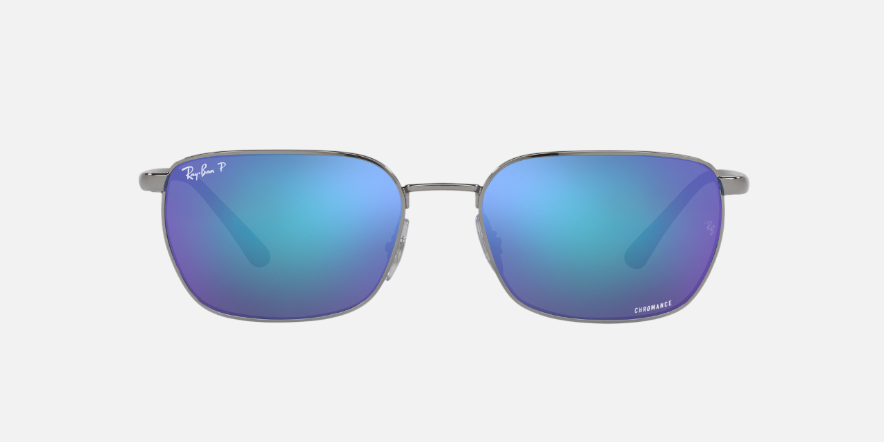 Ray-Ban RB3684CH Chromance 004/4L irregular sunglasses for unisex in full rim steel, with polished gunmetal
  frame, and grey/blue chromance
  lenses. 58mm in lens size, 18mm in bridge size, and 140mm in temple length.