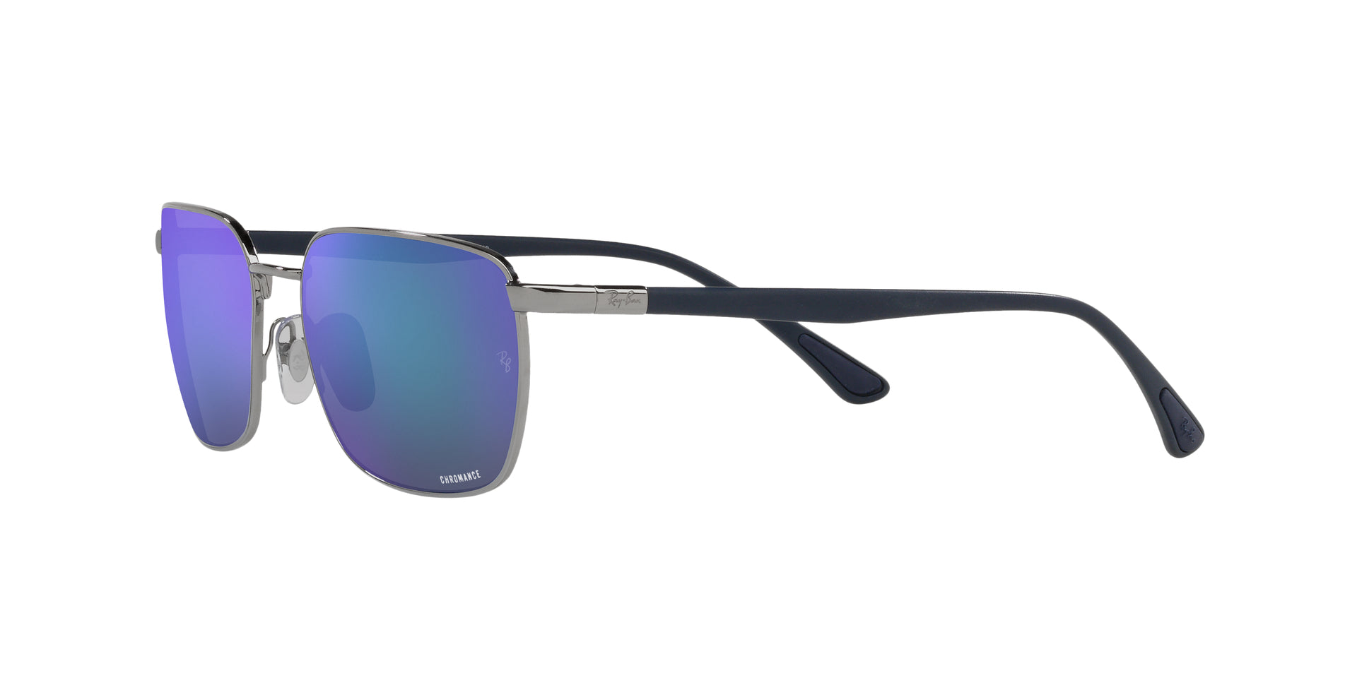 Ray-Ban RB3684CH Chromance 004/4L irregular sunglasses for unisex in full rim steel, with polished gunmetal
  frame, and grey/blue chromance
  lenses. 58mm in lens size, 18mm in bridge size, and 140mm in temple length.