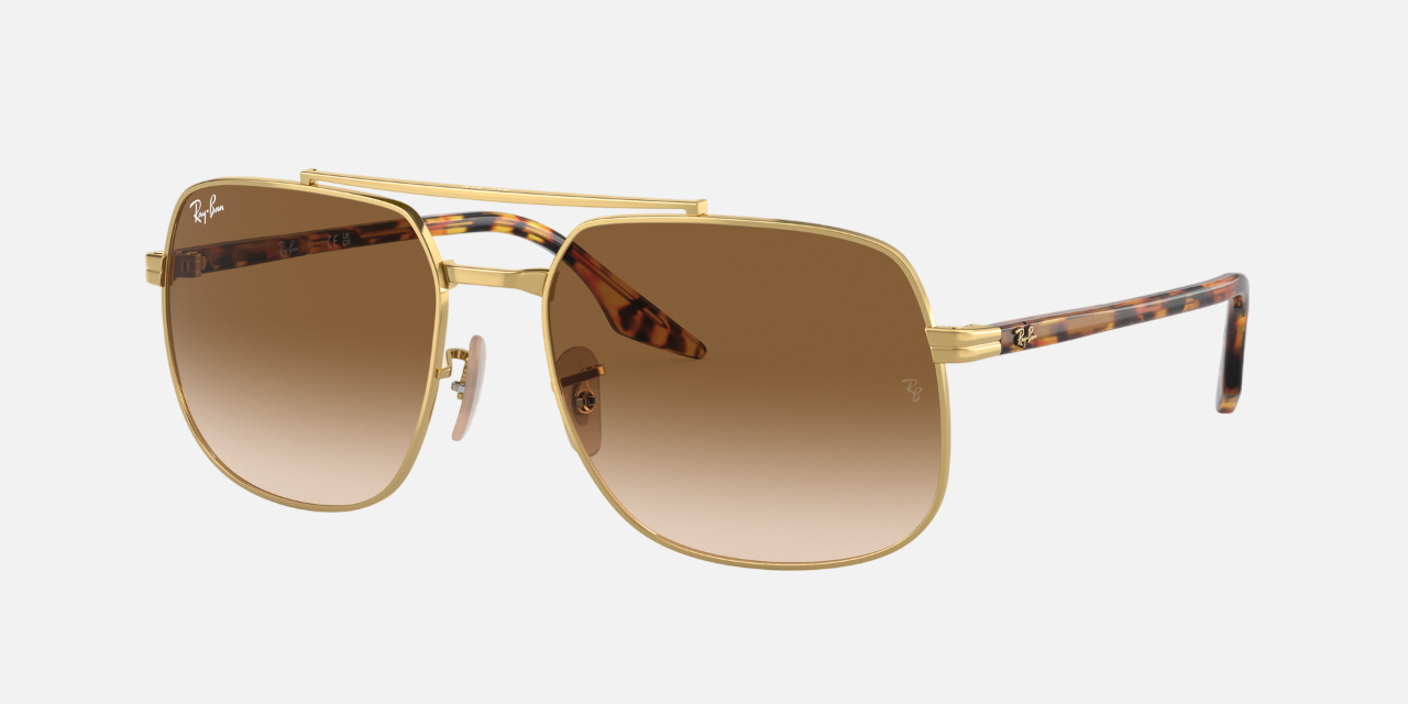 Ray-Ban RB3699 001/51 square sunglasses for unisex in full rim metal, with gold frame, and brown lenses. 56mm in lens size, 18mm in bridge size, and 145mm in temple length.