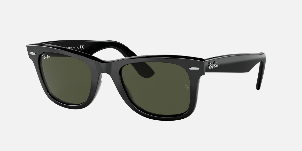 Ray-Ban Original Wayfarer Bio-Based RB2140 135831 square sunglasses for unisex in full rim acetate, with polished black frame, and green lenses. 50mm in lens size, 22mm in bridge size, and 150mm in temple length.
