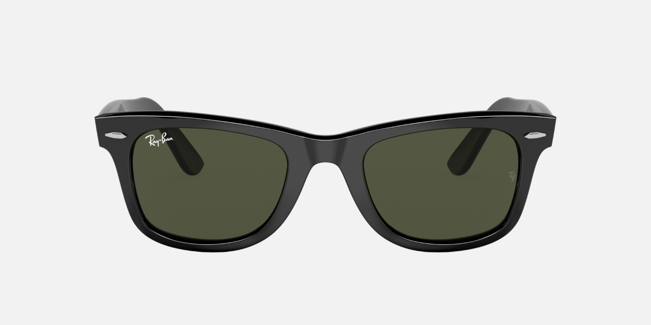Ray-Ban Original Wayfarer Bio-Based RB2140 135831 square sunglasses for unisex in full rim acetate, with polished black frame, and green lenses. 50mm in lens size, 22mm in bridge size, and 150mm in temple length.
