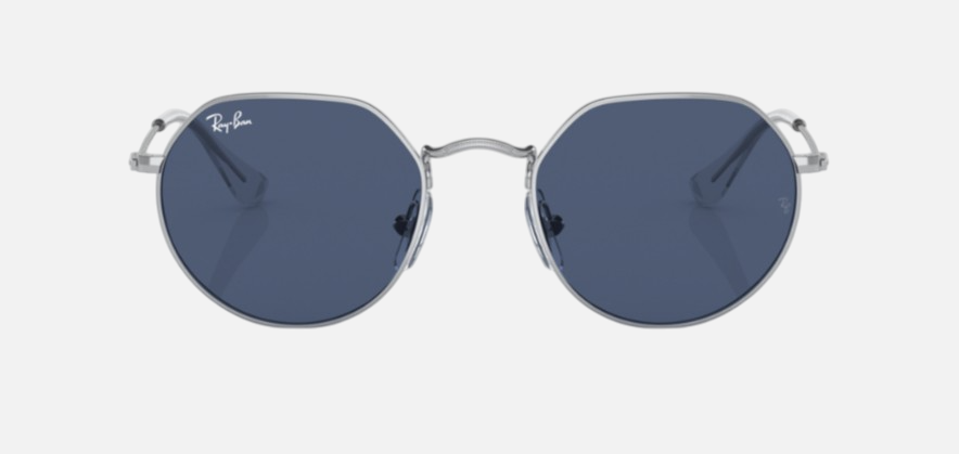Ray-Ban Junior Jack Kids RJ9565S 212/80 irregular sunglasses for kids in full rim metal, with polished silver frame, and dark blue lenses. 47mm in lens size, 19mm in bridge size, and 130mm in temple length.