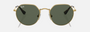 Ray-Ban Junior Jack Kids RJ9565S 223/71 irregular sunglasses for kids in full rim metal, with polished arista gold frame, and green lenses. 47mm in lens size, 19mm in bridge size, and 130mm in temple length.