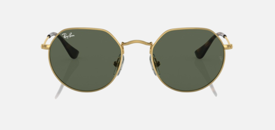 Ray-Ban Junior Jack Kids RJ9565S 223/71 irregular sunglasses for kids in full rim metal, with polished arista gold frame, and green lenses. 47mm in lens size, 19mm in bridge size, and 130mm in temple length.