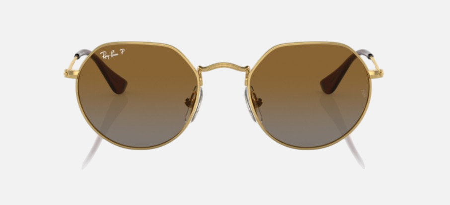 Ray-Ban Junior Jack Kids RJ9565S 223/T5 irregular sunglasses for kids in full rim metal, with polished arista gold frame, and brown polarized lenses. 47mm in lens size, 19mm in bridge size, and 130mm in temple length.