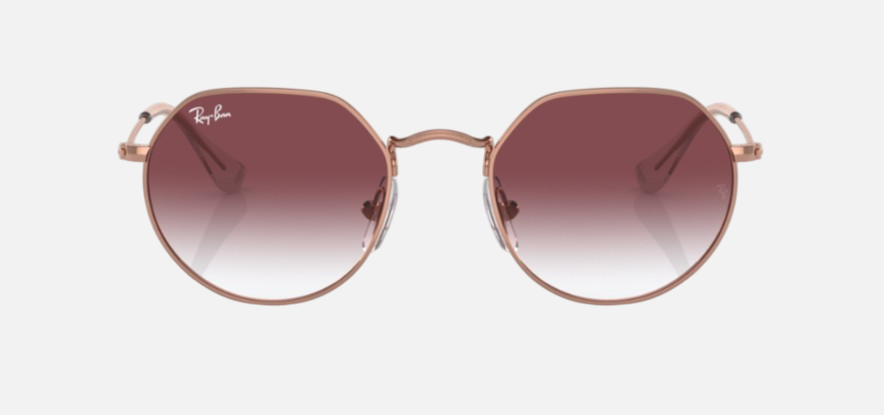 Ray-Ban Junior Jack Kids RJ9565S 291/8H irregular sunglasses for kids in full rim metal, with polished rose gold frame, and gradient dark violet lenses. 47mm in lens size, 19mm in bridge size, and 130mm in temple length.