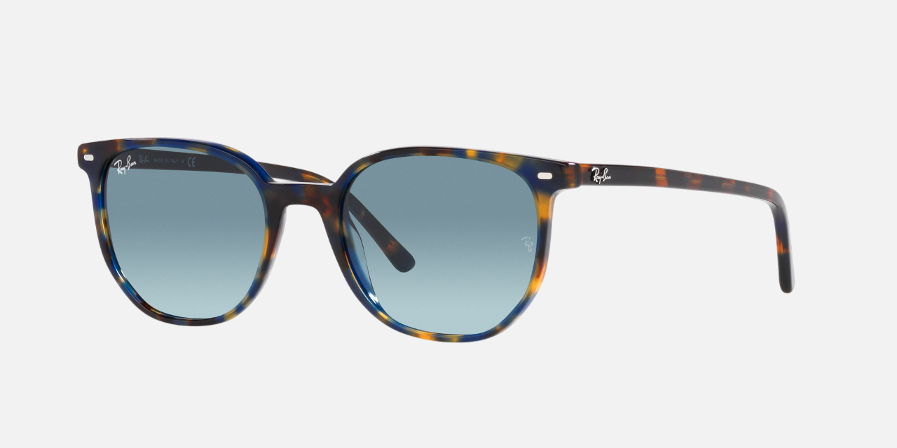 Ray-Ban Elliot RB2197 13563M square sunglasses for unisex in full rim plastic, with yellow & blue havana frame, and blue gradient lenses. 52mm in lens size, 19mm in bridge size, and 145mm in temple length.