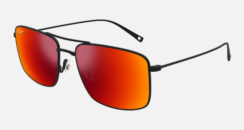 Maui Jim Aeko 02 aviator sunglasses for unisex in full rim metal, with matte black frame, and hawaii lava lenses. 55mm in lens size, 16mm in bridge size, and 140mm in temple length.