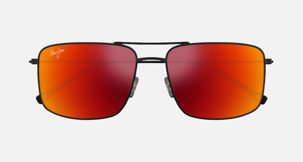 Maui Jim Aeko 02 aviator sunglasses for unisex in full rim metal, with matte black frame, and hawaii lava lenses. 55mm in lens size, 16mm in bridge size, and 140mm in temple length.