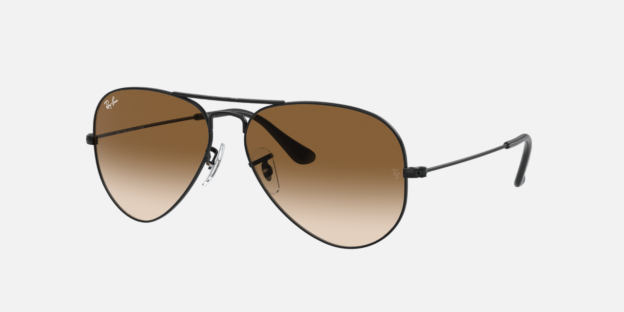 Ray-Ban Aviator Gradient RB3025 002/51 aviator sunglasses for unisex in full rim metal, with black frame, and brown lenses. 58mm in lens size, 14mm in bridge size, and 135mm in temple length.