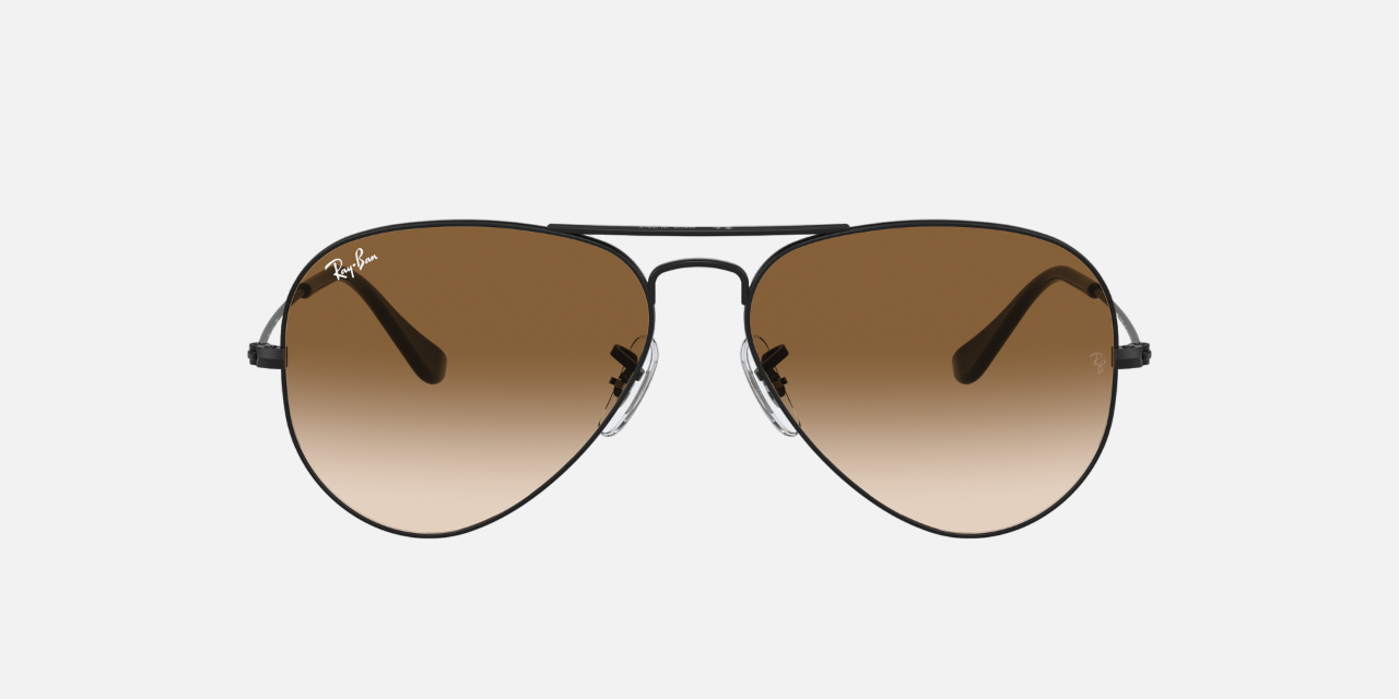 Ray-Ban Aviator Gradient RB3025 002/51 aviator sunglasses for unisex in full rim metal, with black frame, and brown lenses. 58mm in lens size, 14mm in bridge size, and 135mm in temple length.
