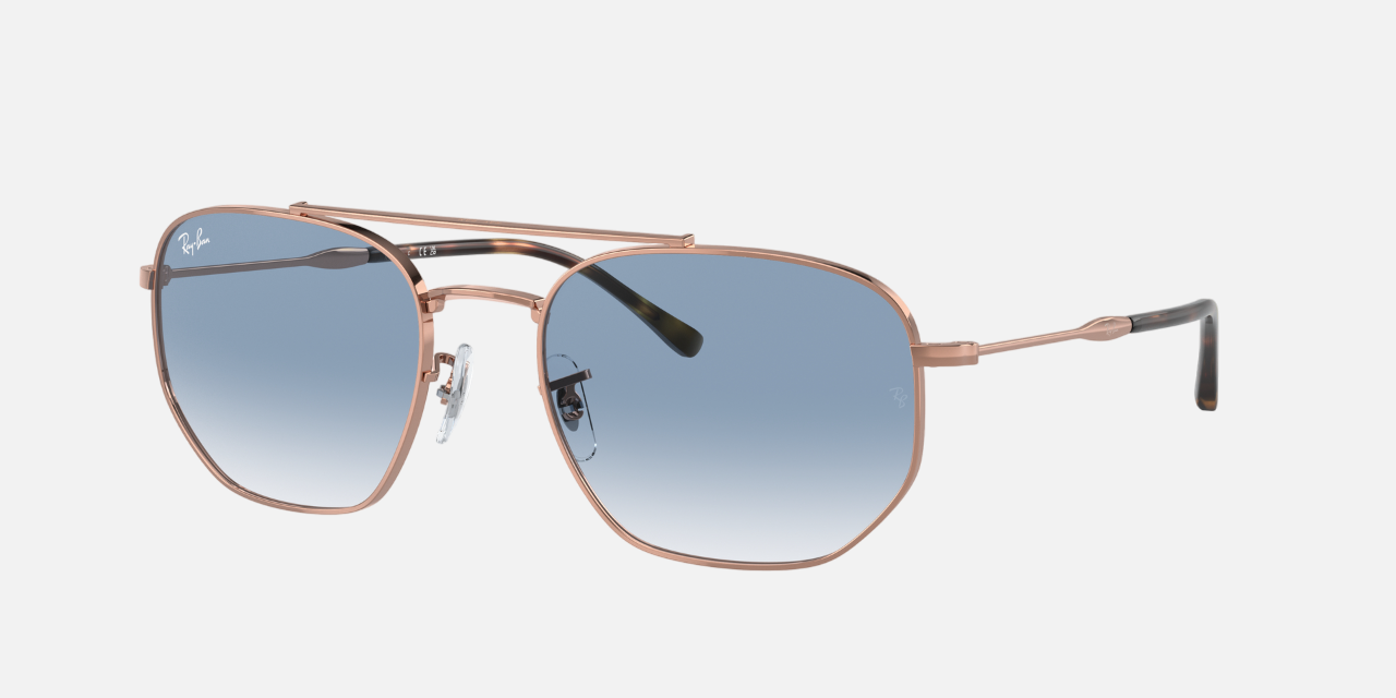 Ray-Ban RB3707 92023F hexagonal sunglasses for unisex in full rim metal, with rose gold frame, and blue lenses. 57mm in lens size, 20mm in bridge size, and 145mm in temple length.