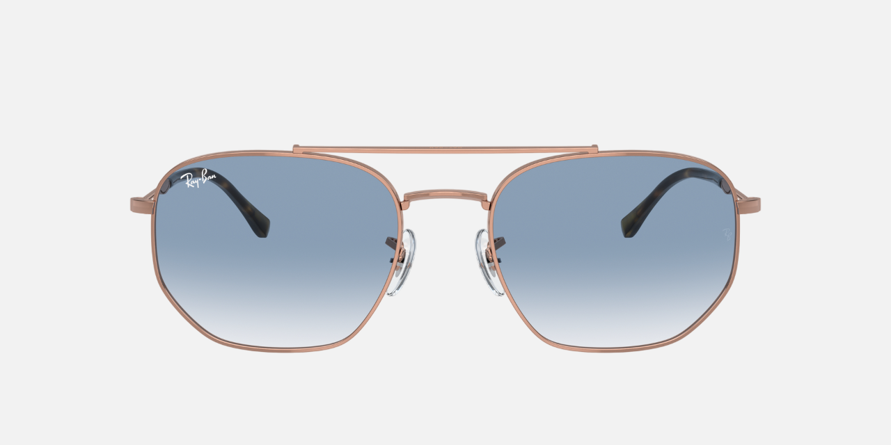 Ray-Ban RB3707 92023F hexagonal sunglasses for unisex in full rim metal, with rose gold frame, and blue lenses. 57mm in lens size, 20mm in bridge size, and 145mm in temple length.