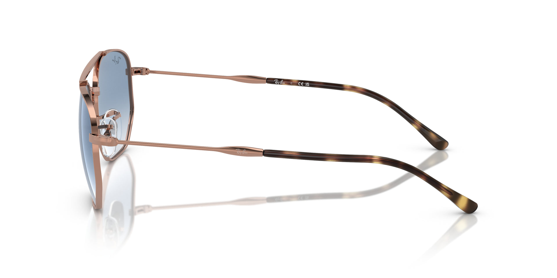 Ray-Ban RB3707 92023F hexagonal sunglasses for unisex in full rim metal, with rose gold frame, and blue lenses. 57mm in lens size, 20mm in bridge size, and 145mm in temple length.