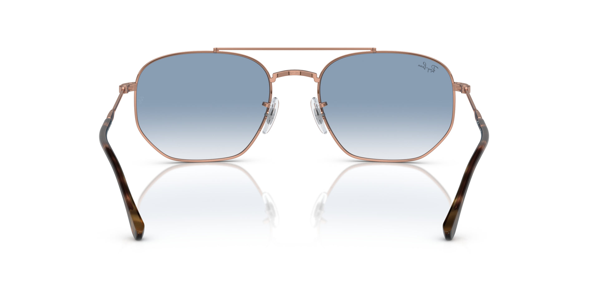 Ray-Ban RB3707 92023F hexagonal sunglasses for unisex in full rim metal, with rose gold frame, and blue lenses. 57mm in lens size, 20mm in bridge size, and 145mm in temple length.