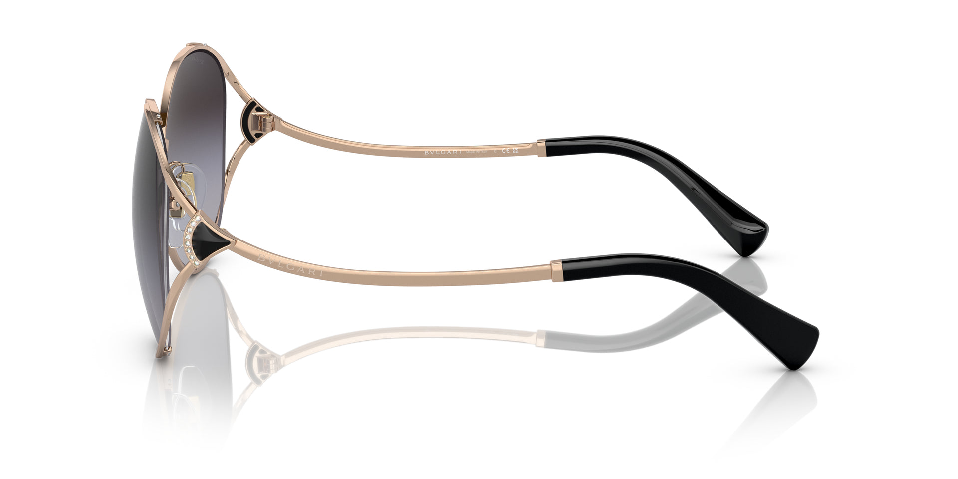 Bvlgari BV6181B 20148G round sunglasses for women in semi-rimless metal, with pink gold frame, and grey gradient lenses. 57mm in lens size, 20mm in bridge size, and 140mm in temple length.