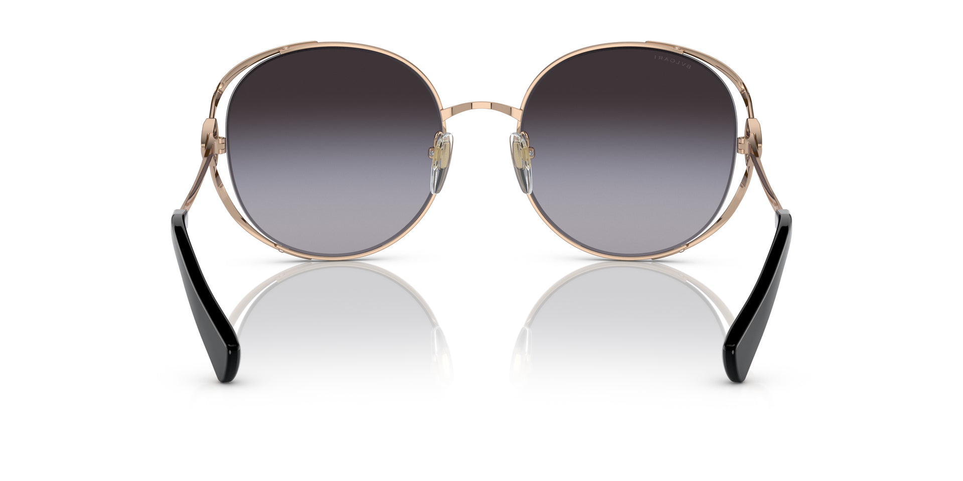 Bvlgari BV6181B 20148G round sunglasses for women in semi-rimless metal, with pink gold frame, and grey gradient lenses. 57mm in lens size, 20mm in bridge size, and 140mm in temple length.
