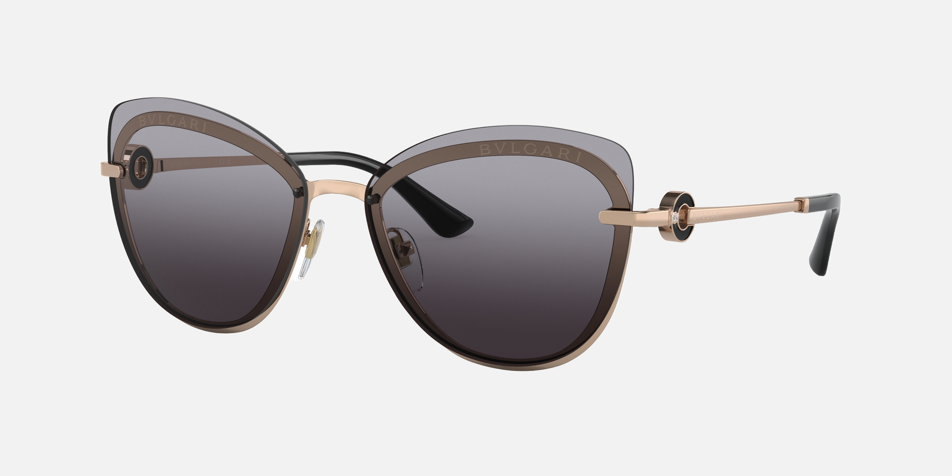 Bvlgari BV6182B 20148G butterfly sunglasses for women in semi-rimless metal, with pink gold frame, and gradient grey lenses. 60mm in lens size, 15mm in bridge size, and 140mm in temple length.