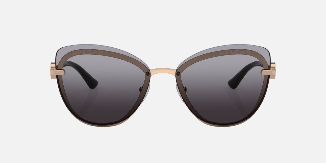 Bvlgari BV6182B 20148G butterfly sunglasses for women in semi-rimless metal, with pink gold frame, and gradient grey lenses. 60mm in lens size, 15mm in bridge size, and 140mm in temple length.