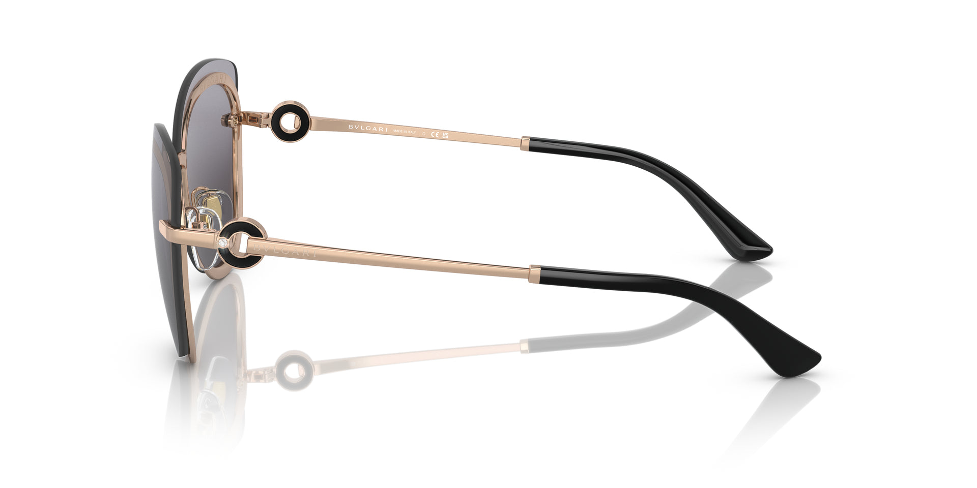 Bvlgari BV6182B 20148G butterfly sunglasses for women in semi-rimless metal, with pink gold frame, and gradient grey lenses. 60mm in lens size, 15mm in bridge size, and 140mm in temple length.