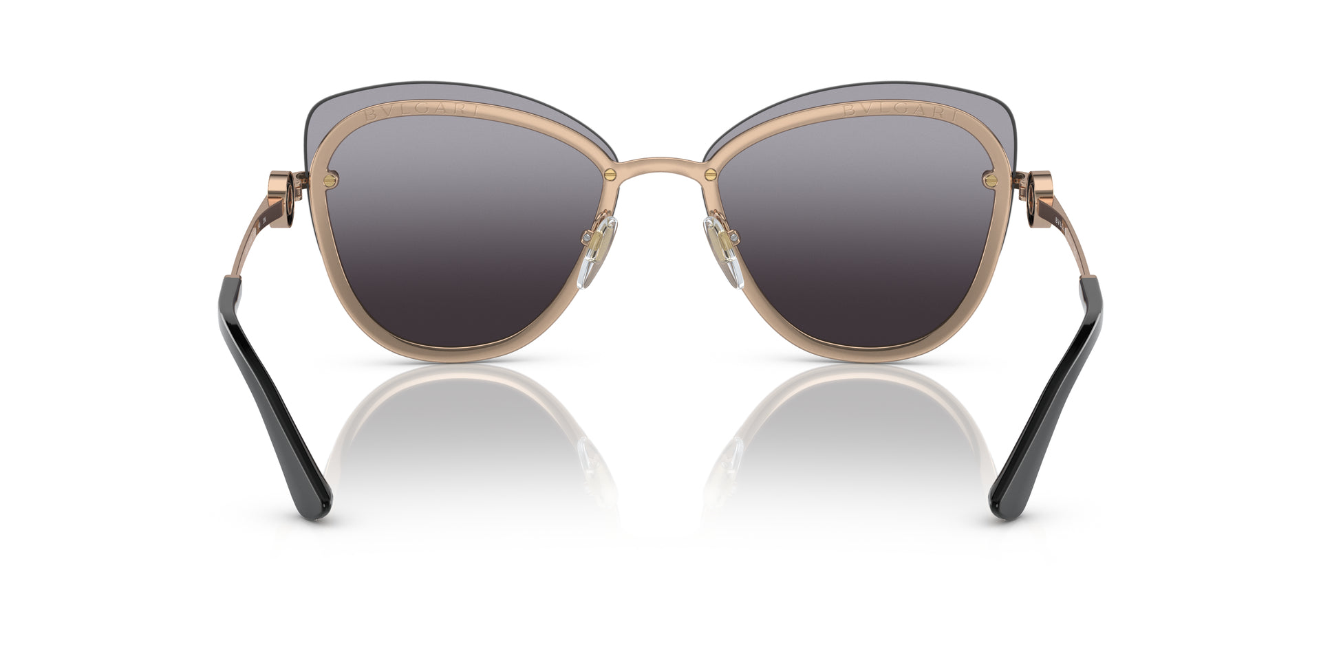 Bvlgari BV6182B 20148G butterfly sunglasses for women in semi-rimless metal, with pink gold frame, and gradient grey lenses. 60mm in lens size, 15mm in bridge size, and 140mm in temple length.