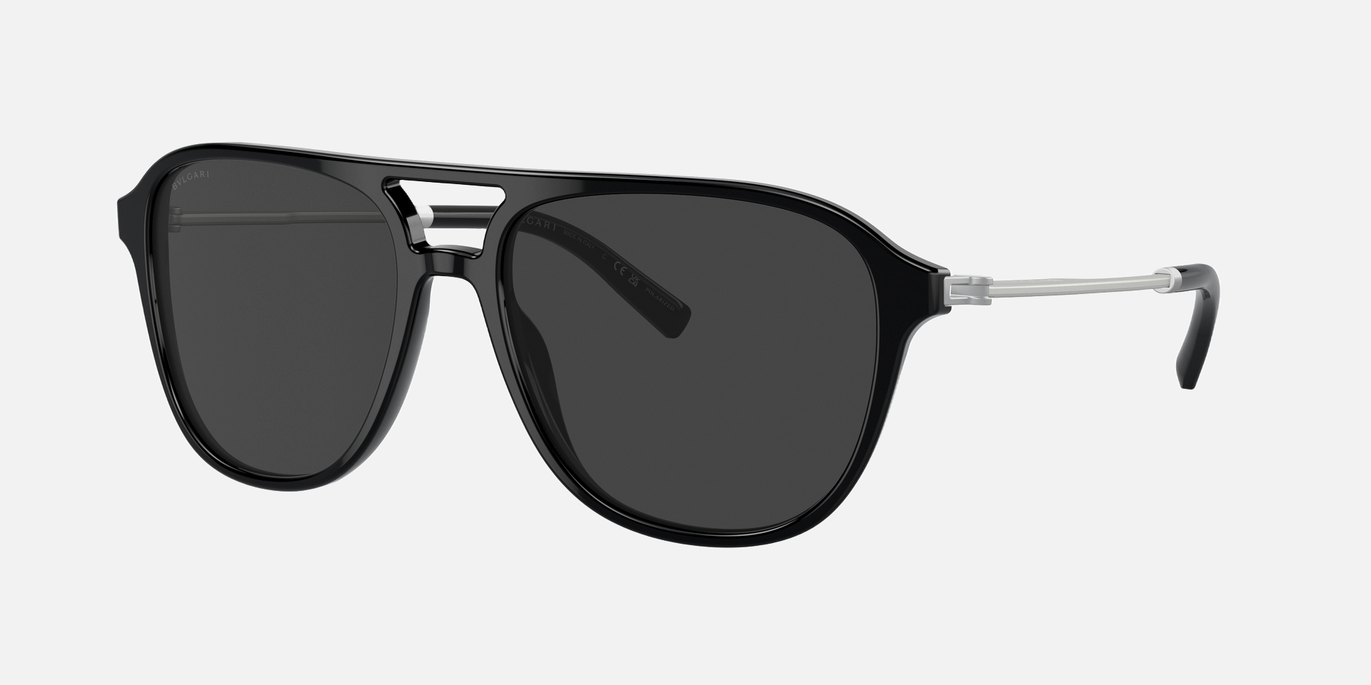 Bvlgari BV7038 501/48 aviator sunglasses for men in full rim plastic, with black frame, and black lenses. 57mm in lens size, 17mm in bridge size, and 140mm in temple length.