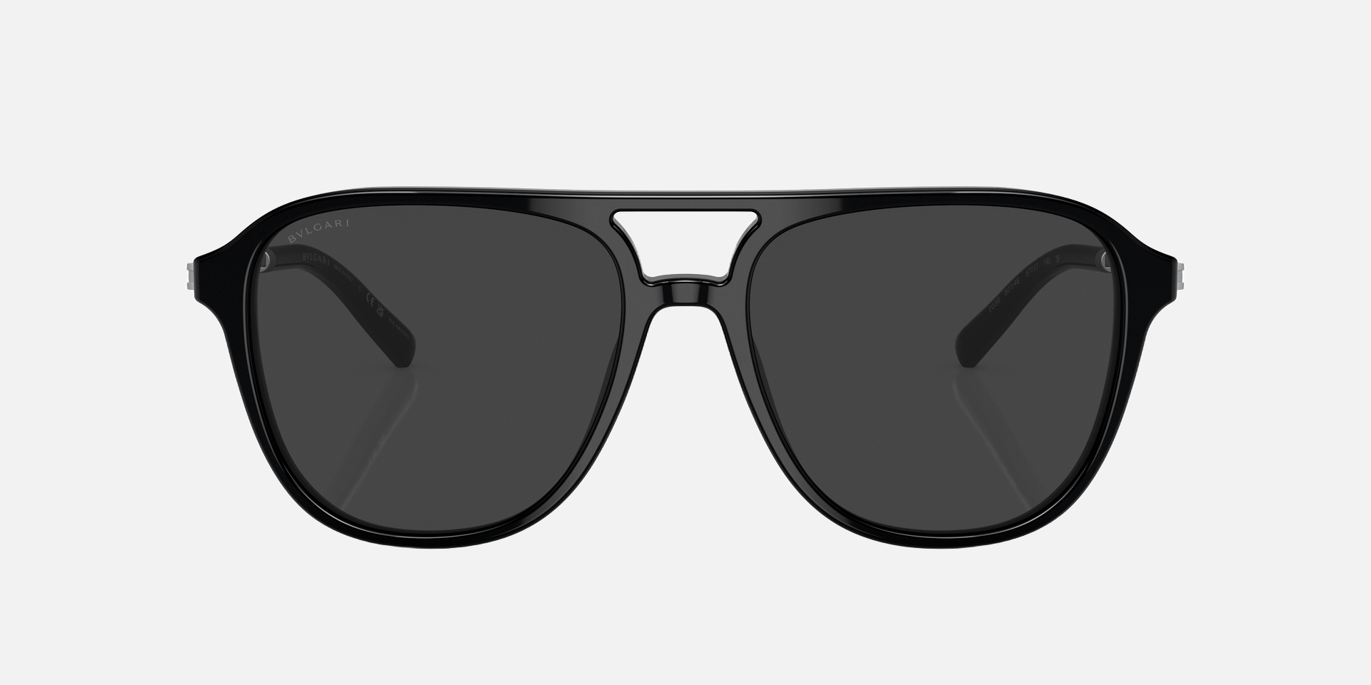 Bvlgari BV7038 501/48 aviator sunglasses for men in full rim plastic, with black frame, and black lenses. 57mm in lens size, 17mm in bridge size, and 140mm in temple length.