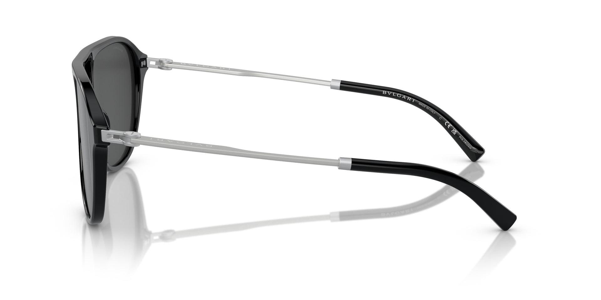 Bvlgari BV7038 501/48 aviator sunglasses for men in full rim plastic, with black frame, and black lenses. 57mm in lens size, 17mm in bridge size, and 140mm in temple length.