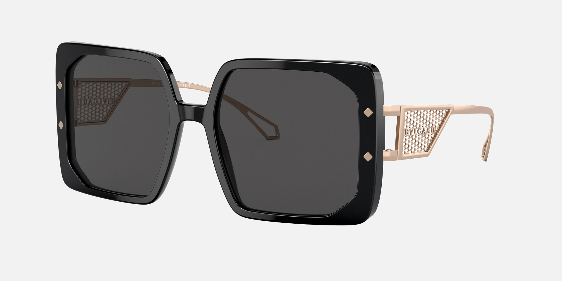 Bvlgari BV8254 501/87 square sunglasses for women in full rim plastic, with black frame, and dark grey lenses. 55mm in lens size, 18mm in bridge size, and 140mm in temple length.