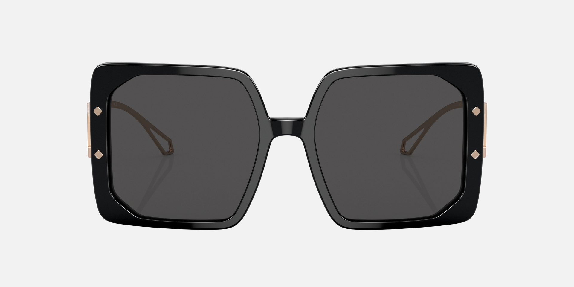 Bvlgari BV8254 501/87 square sunglasses for women in full rim plastic, with black frame, and dark grey lenses. 55mm in lens size, 18mm in bridge size, and 140mm in temple length.