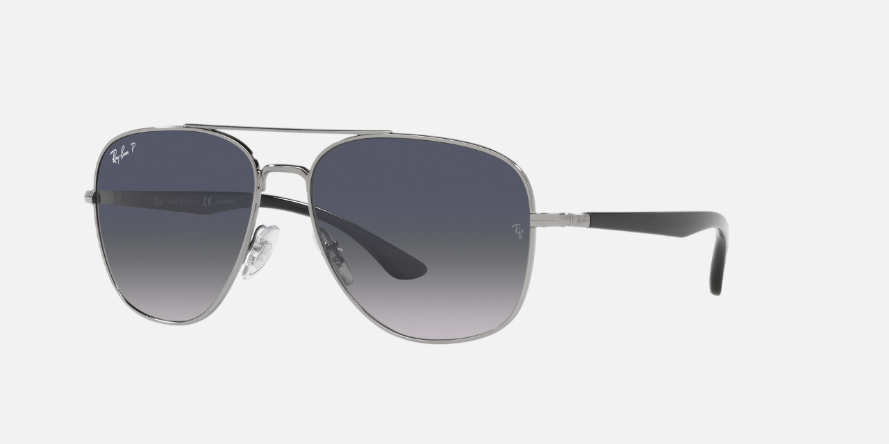Ray-Ban RB3683 004/78 square sunglasses for men in full rim metal, with gunmetal frame, and blue grey lenses. 56mm in lens size, 15mm in bridge size, and 135mm in temple length.
