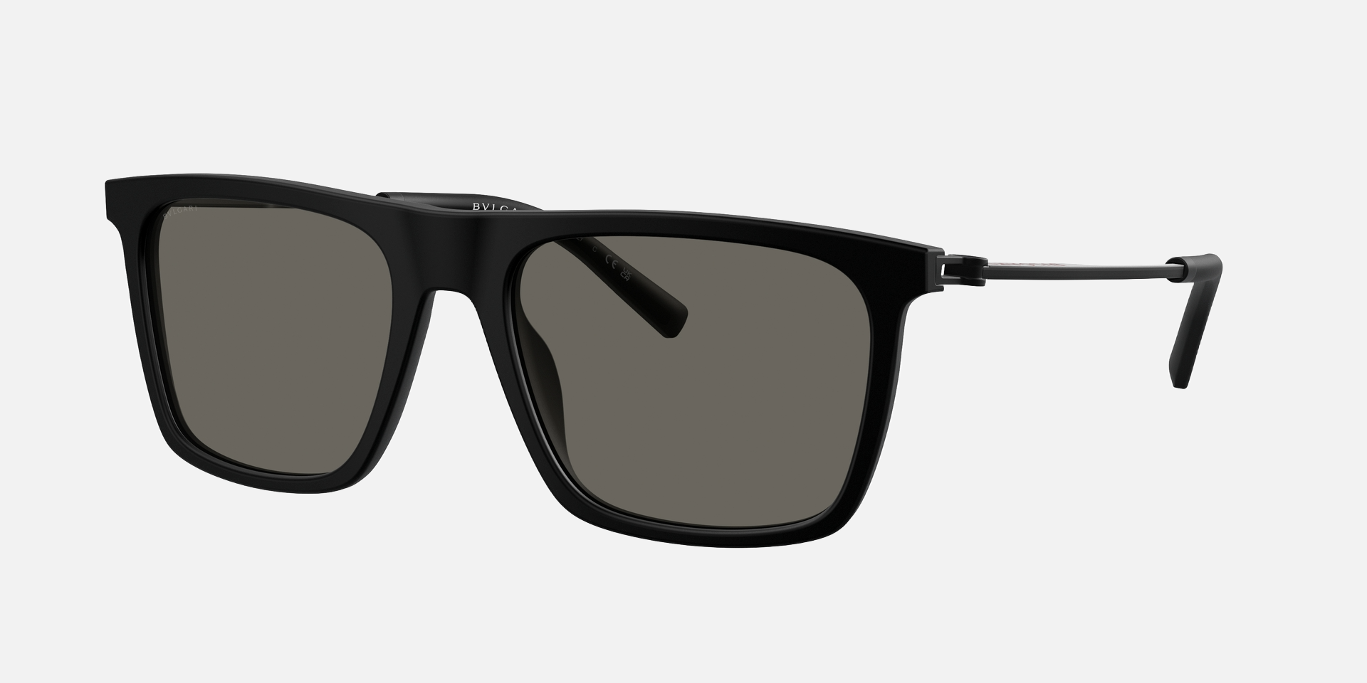 Bvlgari BV7039 5313R5 square sunglasses for men in full rim plastic, with matte black frame, and grey lenses. 56mm in lens size, 19mm in bridge size, and 145mm in temple length.