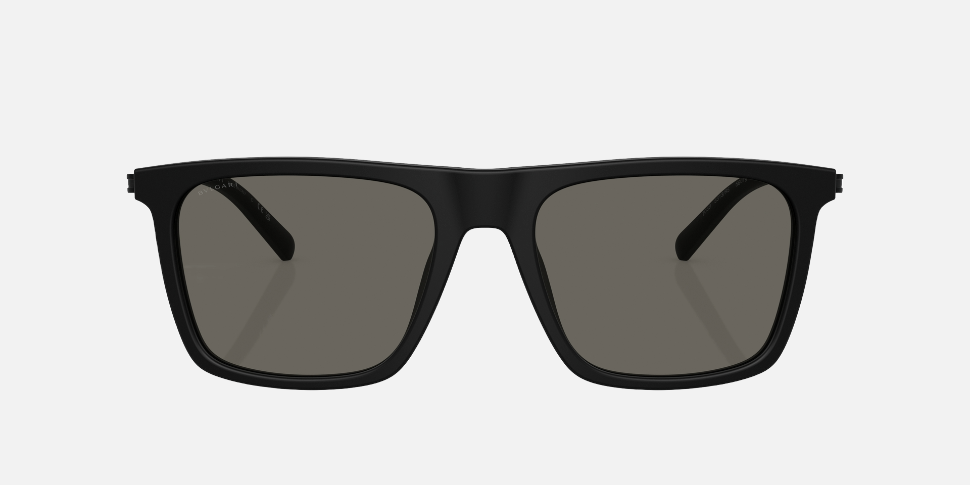 Bvlgari BV7039 5313R5 square sunglasses for men in full rim plastic, with matte black frame, and grey lenses. 56mm in lens size, 19mm in bridge size, and 145mm in temple length.