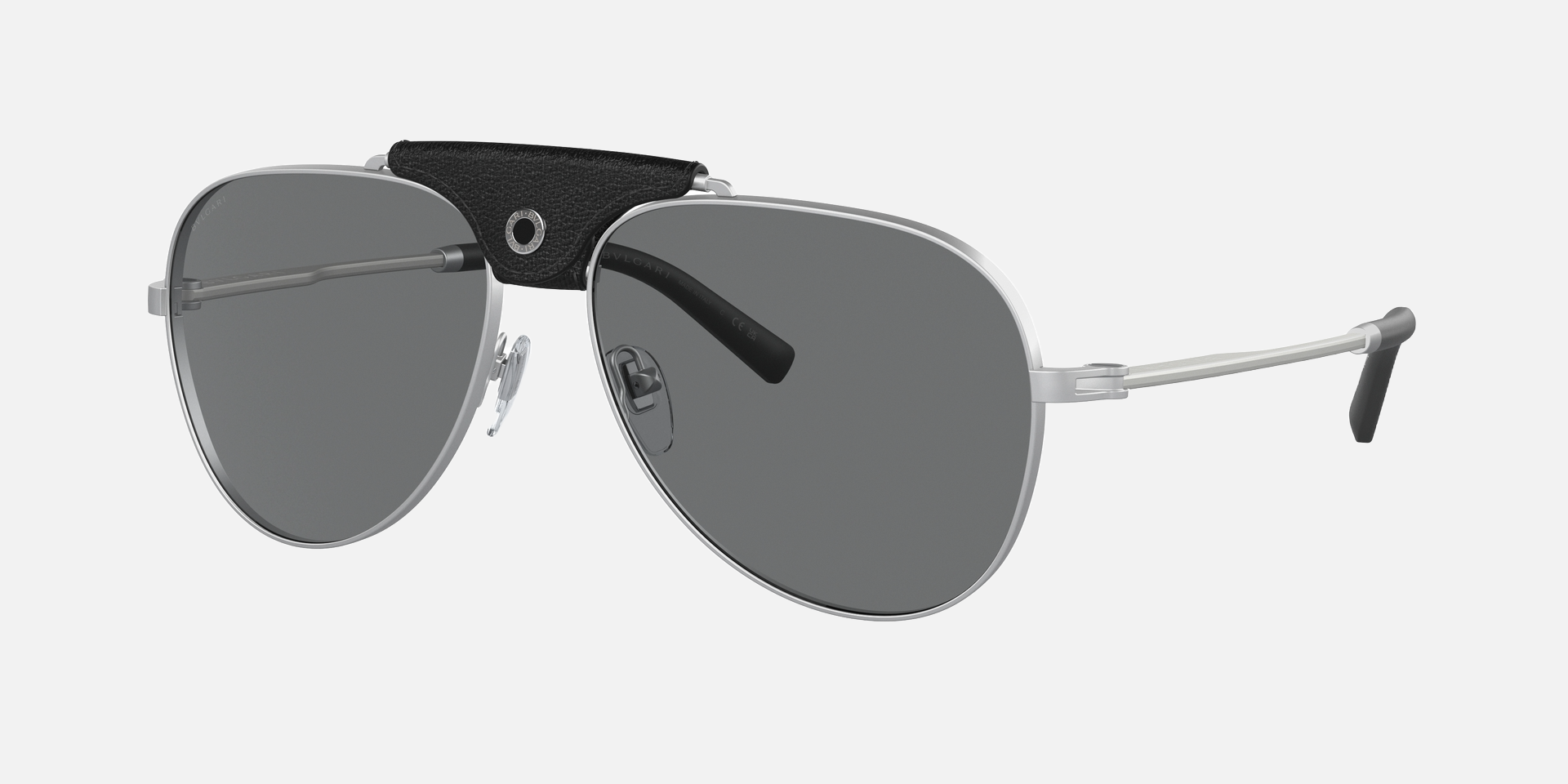 Bvlgari BV5061Q 400/B1 aviator sunglasses for men in full rim metal, with matte silver frame, and dark grey lenses. 60mm in lens size, 15mm in bridge size, and 145mm in temple length.
