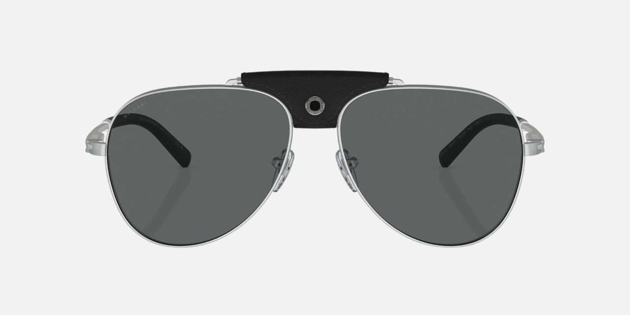 Bvlgari BV5061Q 400/B1 aviator sunglasses for men in full rim metal, with matte silver frame, and dark grey lenses. 60mm in lens size, 15mm in bridge size, and 145mm in temple length.