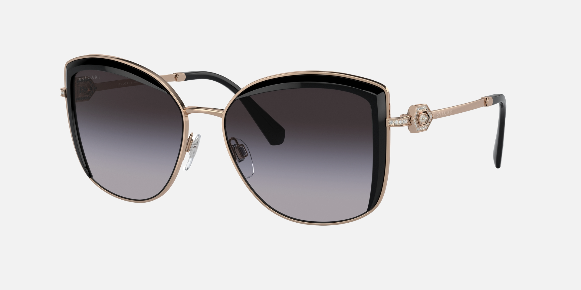 Bvlgari BV6128B 20148G square sunglasses for women in full rim metal, with pink gold/black frame, and gradient grey lenses. 56mm in lens size, 16mm in bridge size, and 140mm in temple length.
