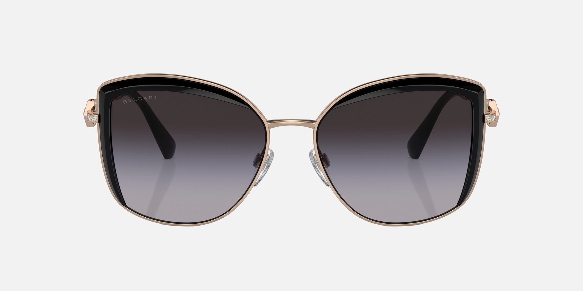 Bvlgari BV6128B 20148G square sunglasses for women in full rim metal, with pink gold/black frame, and gradient grey lenses. 56mm in lens size, 16mm in bridge size, and 140mm in temple length.
