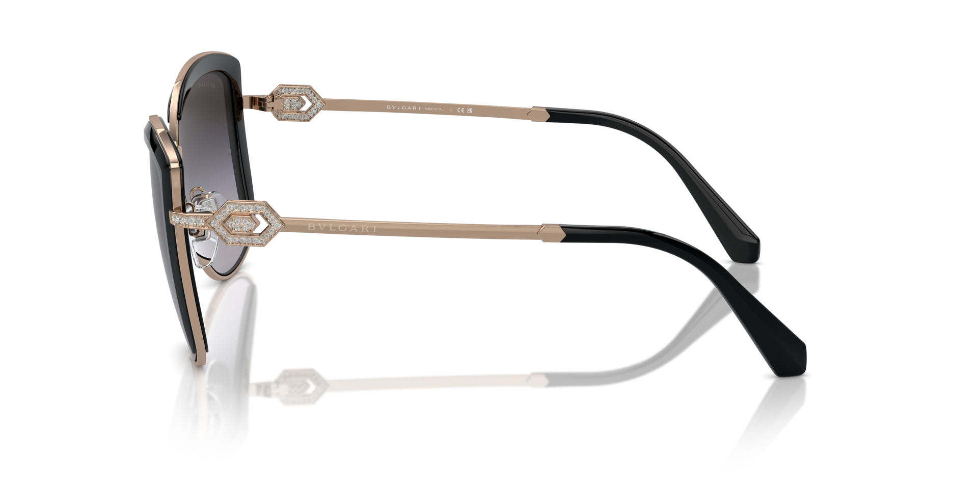 Bvlgari BV6128B 20148G square sunglasses for women in full rim metal, with pink gold/black frame, and gradient grey lenses. 56mm in lens size, 16mm in bridge size, and 140mm in temple length.