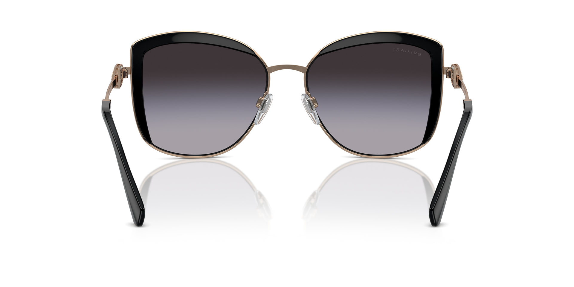 Bvlgari BV6128B 20148G square sunglasses for women in full rim metal, with pink gold/black frame, and gradient grey lenses. 56mm in lens size, 16mm in bridge size, and 140mm in temple length.