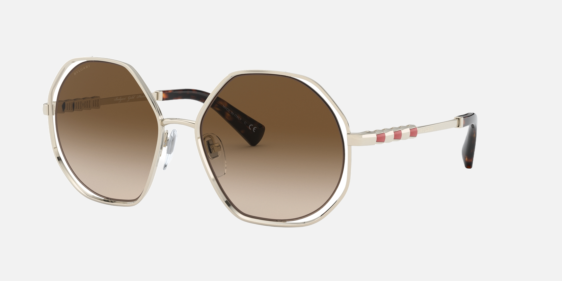 Bvlgari BV6144KB 204113 oversized sunglasses for women in semi-rimless metal, with pale gold plated frame, and gradient brown lenses. 55mm in lens size, 17mm in bridge size, and 140mm in temple length.