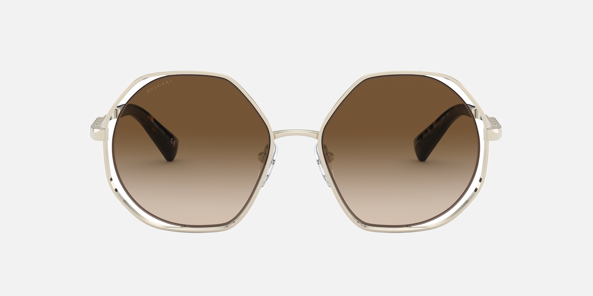Bvlgari BV6144KB 204113 oversized sunglasses for women in semi-rimless metal, with pale gold plated frame, and gradient brown lenses. 55mm in lens size, 17mm in bridge size, and 140mm in temple length.