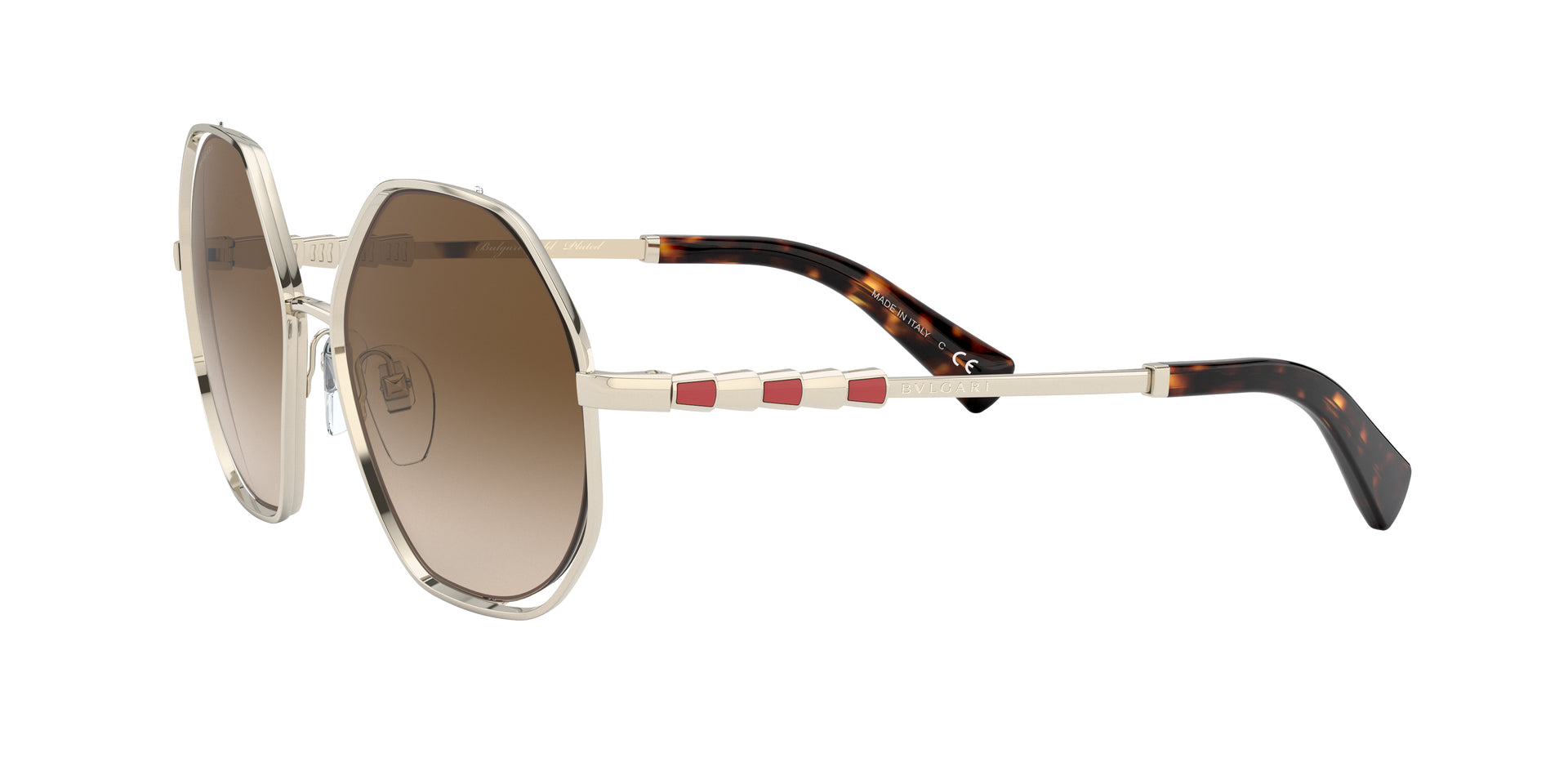 Bvlgari BV6144KB 204113 oversized sunglasses for women in semi-rimless metal, with pale gold plated frame, and gradient brown lenses. 55mm in lens size, 17mm in bridge size, and 140mm in temple length.