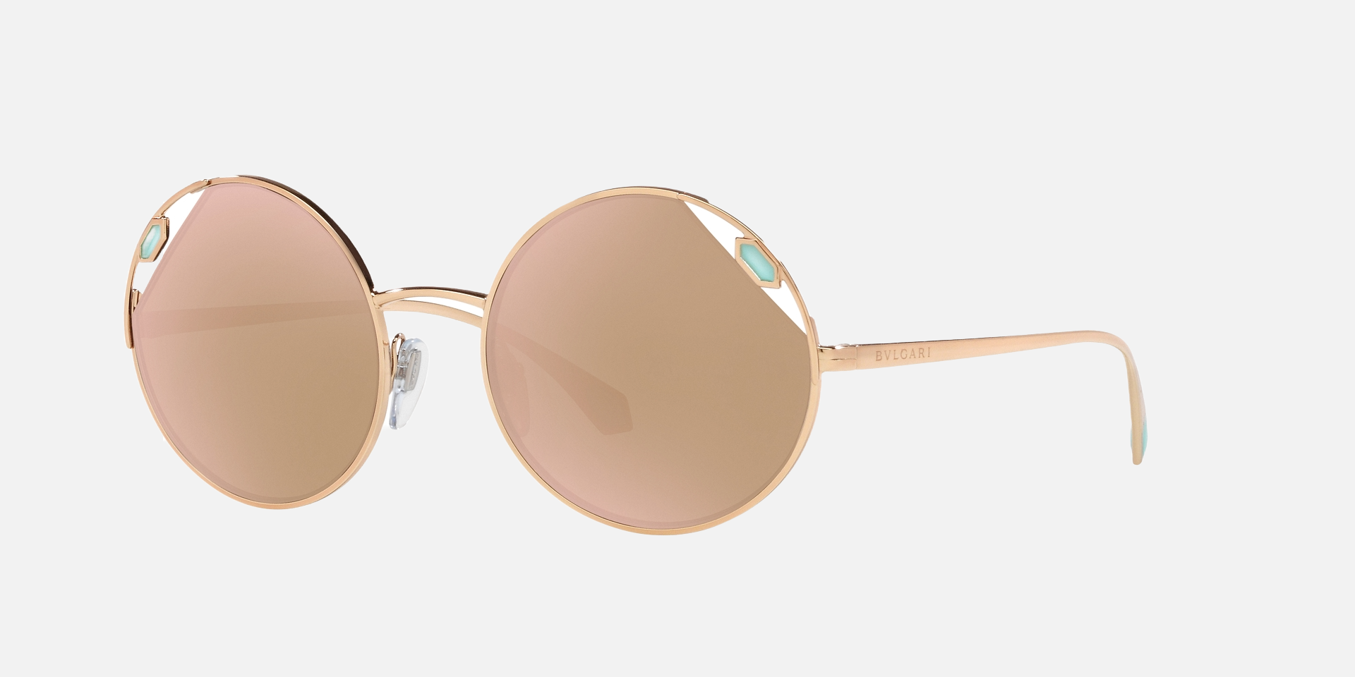 Bvlgari BV6159 20144Z round sunglasses for women in full rim metal, with gold frame, and rose gold lenses. 54mm in lens size, 20mm in bridge size, and 140mm in temple length.