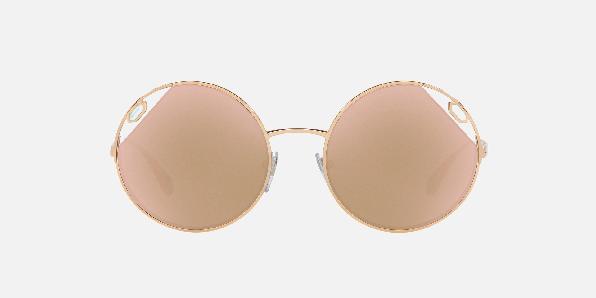 Bvlgari BV6159 20144Z round sunglasses for women in full rim metal, with gold frame, and rose gold lenses. 54mm in lens size, 20mm in bridge size, and 140mm in temple length.