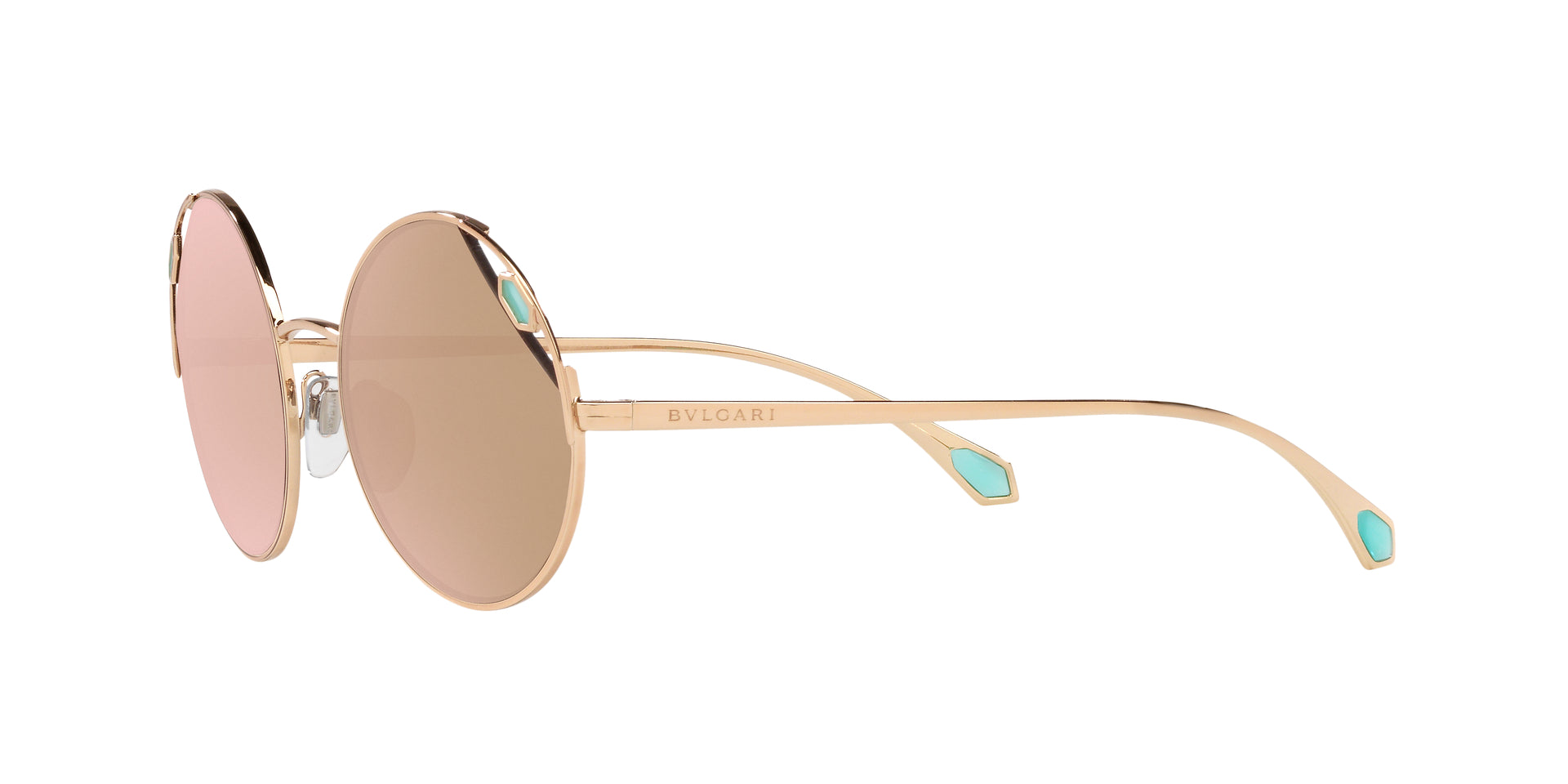 Bvlgari BV6159 20144Z round sunglasses for women in full rim metal, with gold frame, and rose gold lenses. 54mm in lens size, 20mm in bridge size, and 140mm in temple length.