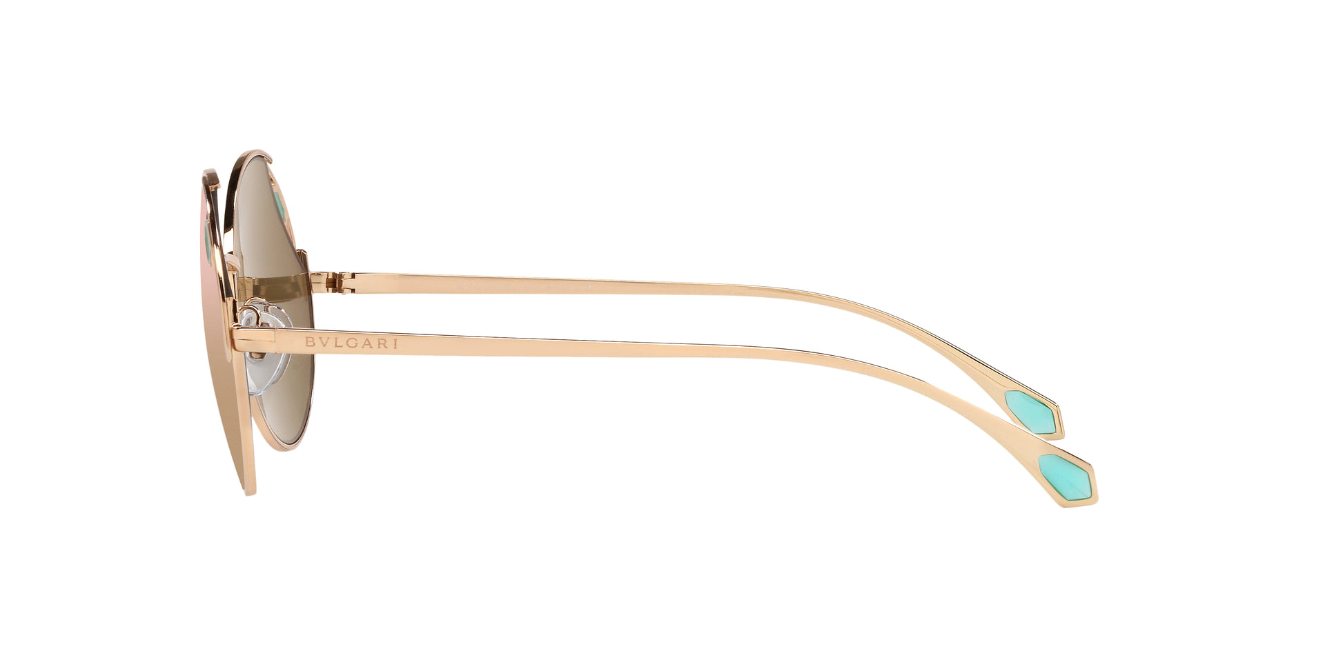 Bvlgari BV6159 20144Z round sunglasses for women in full rim metal, with gold frame, and rose gold lenses. 54mm in lens size, 20mm in bridge size, and 140mm in temple length.